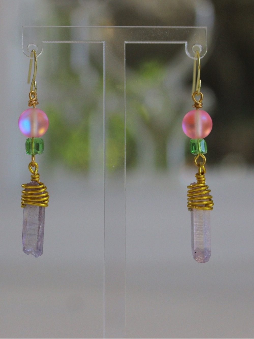 Gold Wire Wrapped Lavender Crystal Drop Earrings with Pink and Green Beads